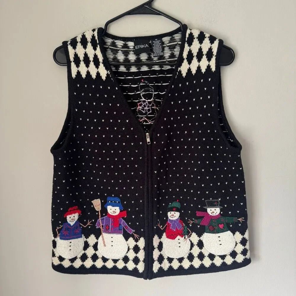 Vintage Cotton Ramie Embroidered Snowman Kitschy Holiday Sweater Vest